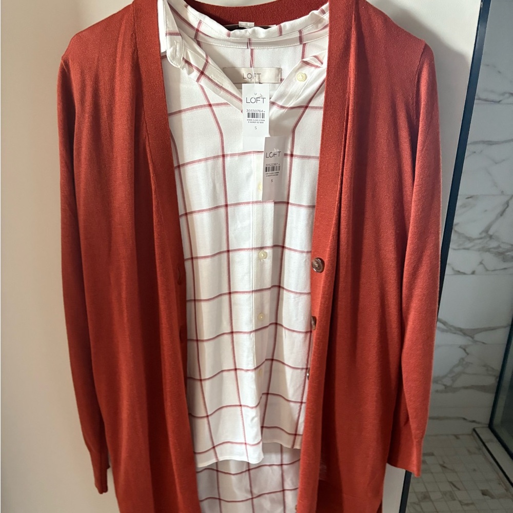 LOFT button up and Rust Cardigan Sweater